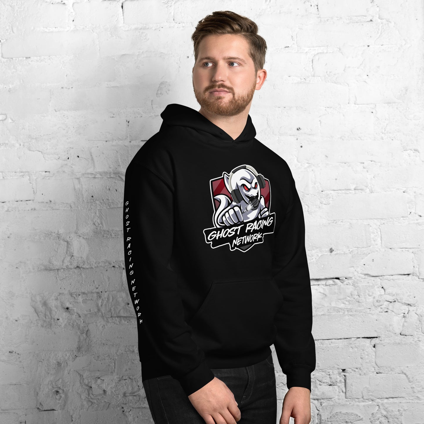 Ghost Racing Network Unisex Heavy Blend Hoodie | Gildan 18500 Sleeved White Lettering