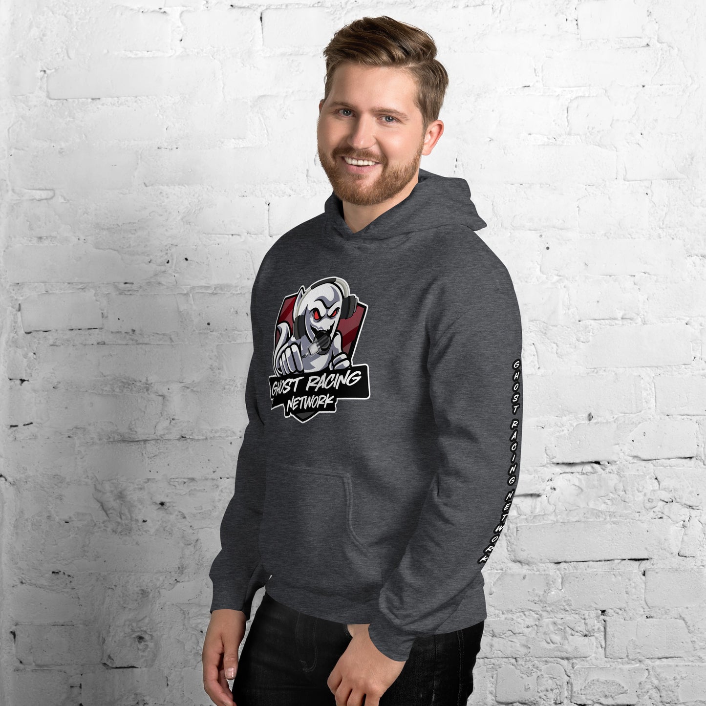 Ghost Racing Network Unisex Heavy Blend Hoodie | Gildan 18500 Sleeved White Lettering