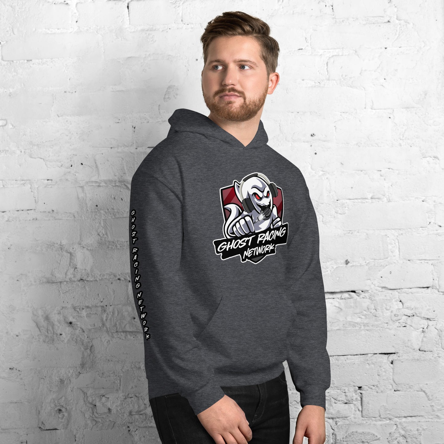 Ghost Racing Network Unisex Heavy Blend Hoodie | Gildan 18500 Sleeved White Lettering