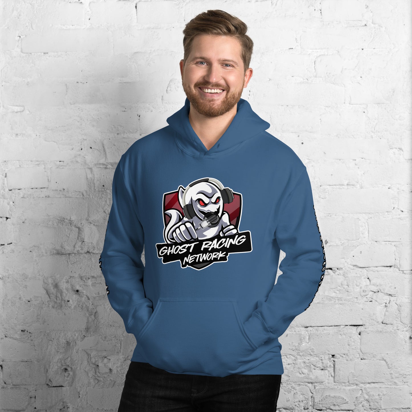 Ghost Racing Network Unisex Heavy Blend Hoodie | Gildan 18500 Sleeved White Lettering