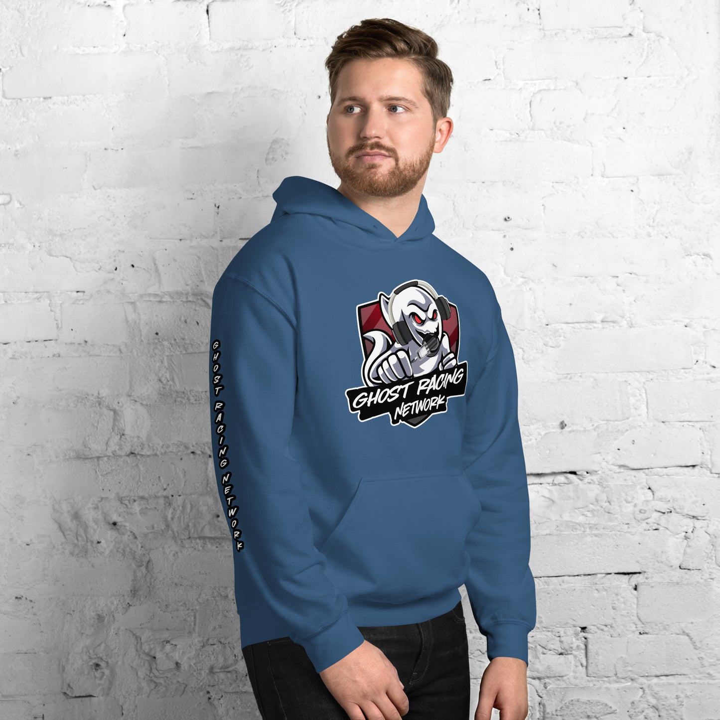 Ghost Racing Network Unisex Heavy Blend Hoodie | Gildan 18500 Sleeved White Lettering