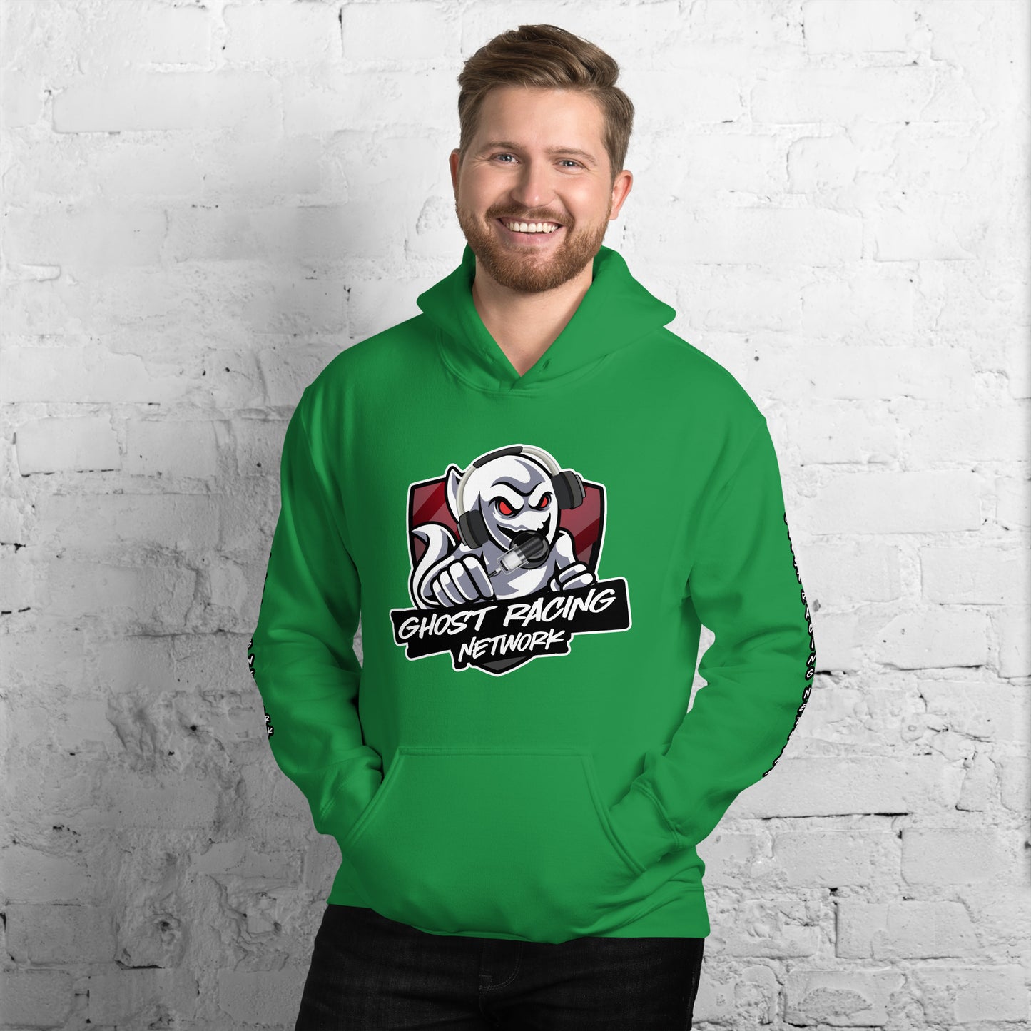 Ghost Racing Network Unisex Heavy Blend Hoodie | Gildan 18500 Sleeved White Lettering