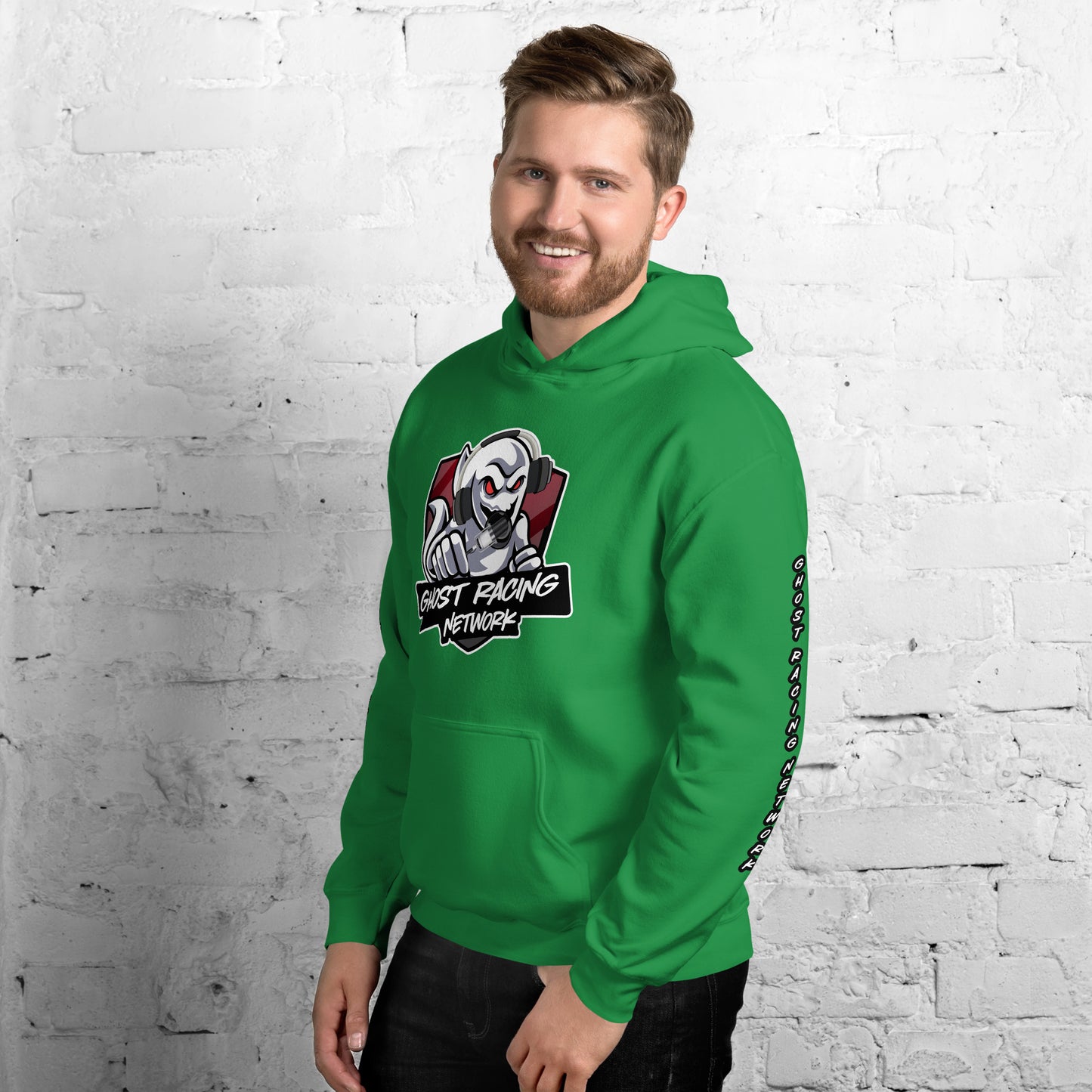 Ghost Racing Network Unisex Heavy Blend Hoodie | Gildan 18500 Sleeved White Lettering