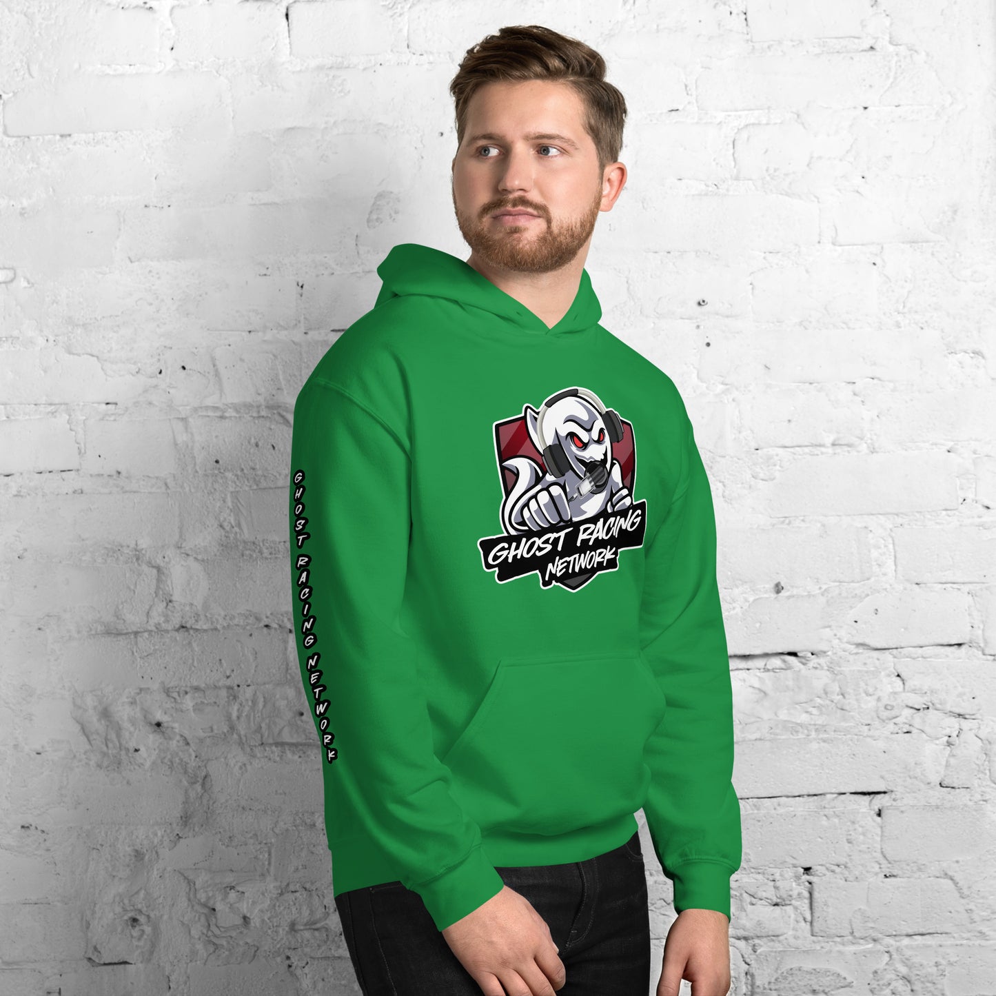 Ghost Racing Network Unisex Heavy Blend Hoodie | Gildan 18500 Sleeved White Lettering