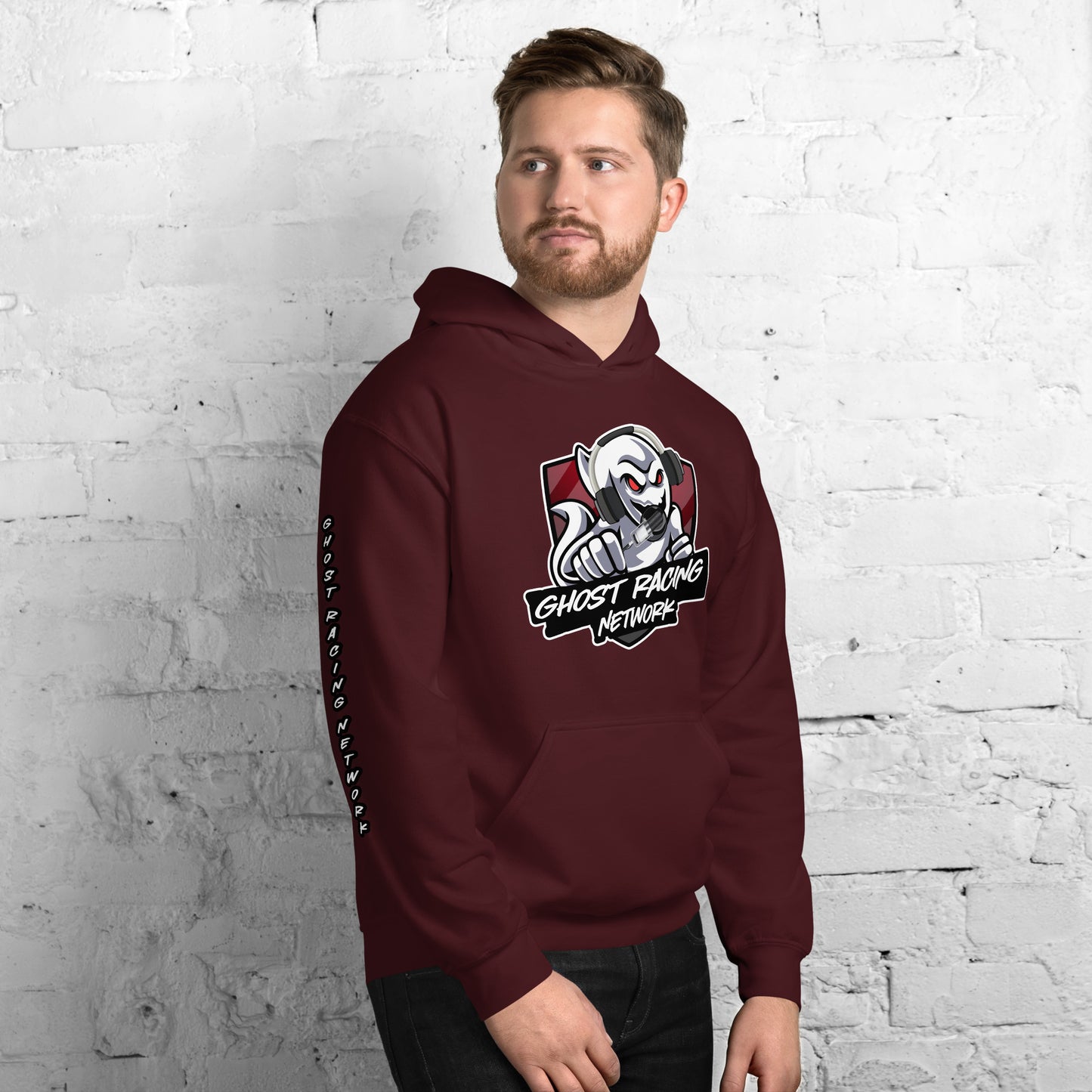Ghost Racing Network Unisex Heavy Blend Hoodie | Gildan 18500 Sleeved White Lettering