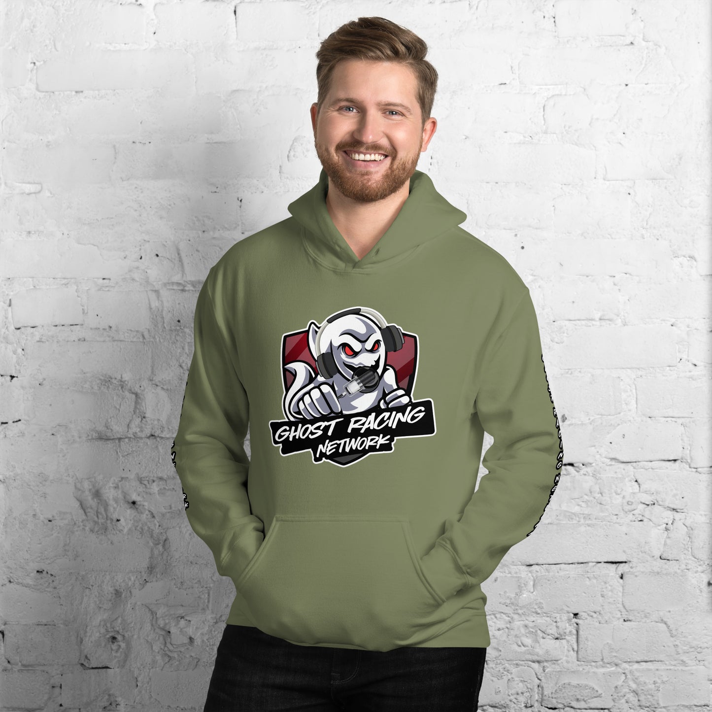 Ghost Racing Network Unisex Heavy Blend Hoodie | Gildan 18500 Sleeved White Lettering
