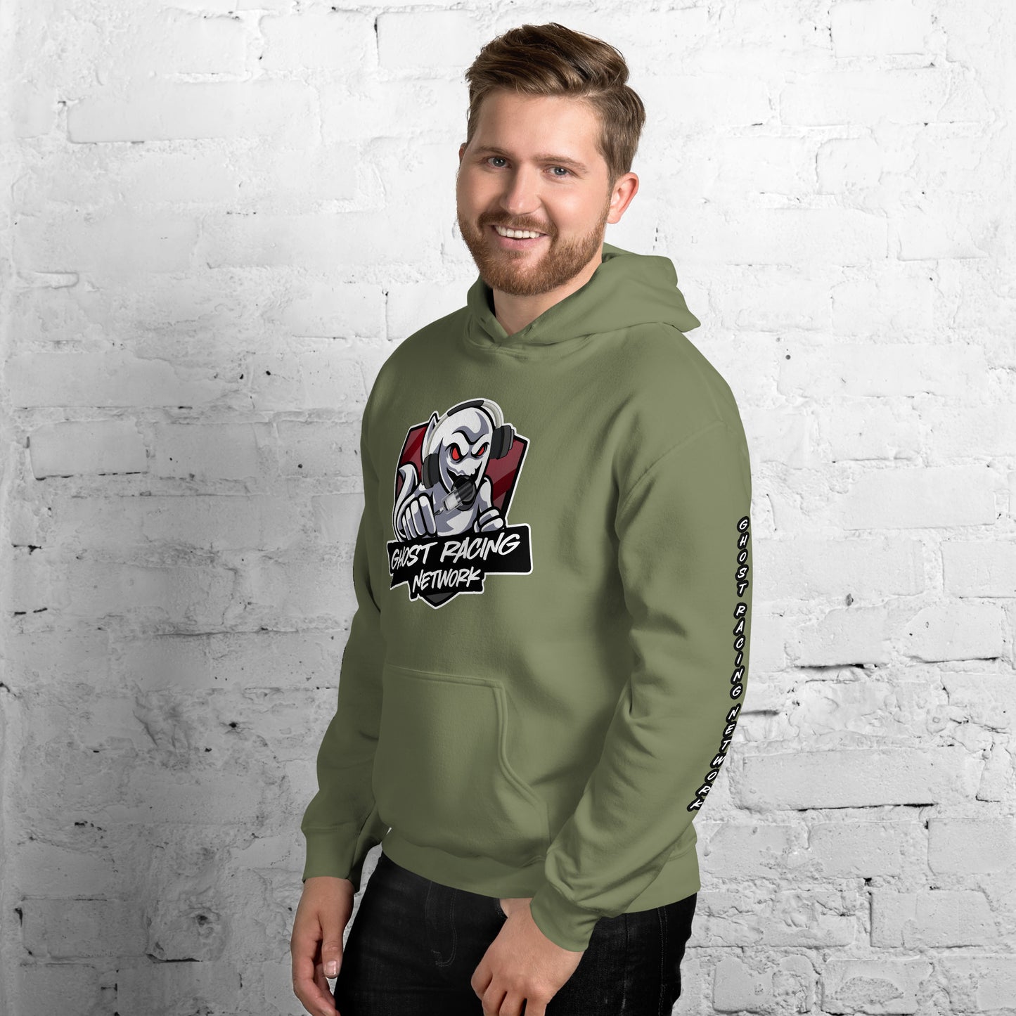 Ghost Racing Network Unisex Heavy Blend Hoodie | Gildan 18500 Sleeved White Lettering