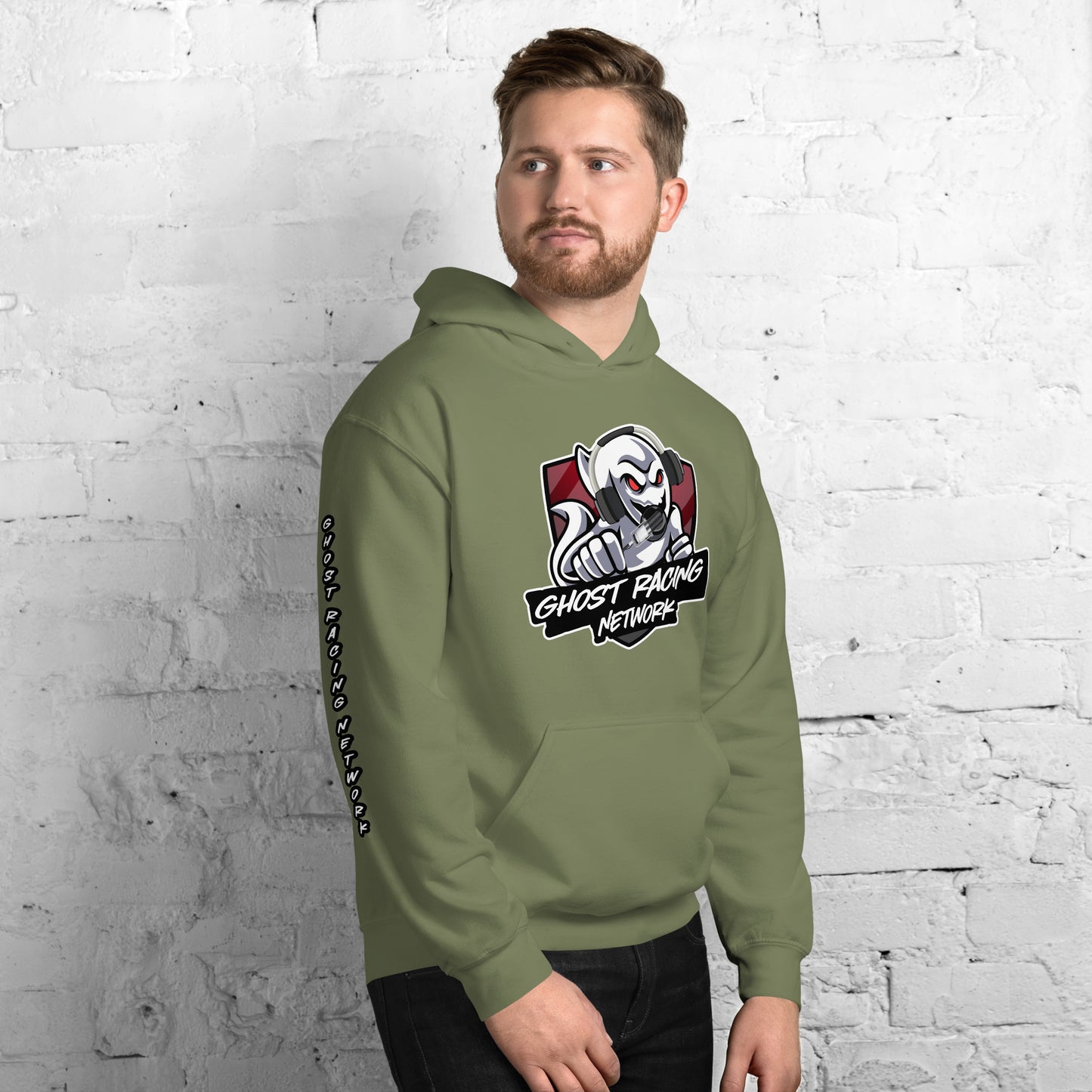 Ghost Racing Network Unisex Heavy Blend Hoodie | Gildan 18500 Sleeved White Lettering