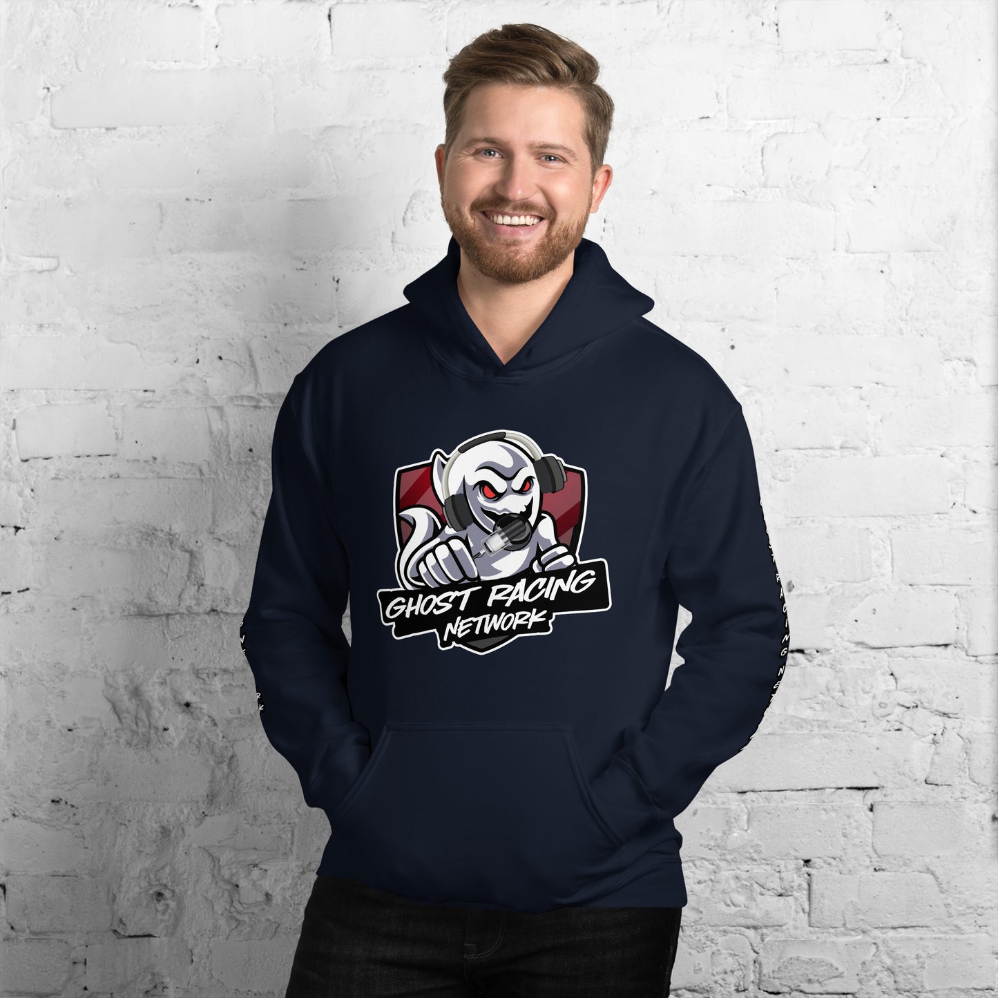 Ghost Racing Network Unisex Heavy Blend Hoodie | Gildan 18500 Sleeved White Lettering