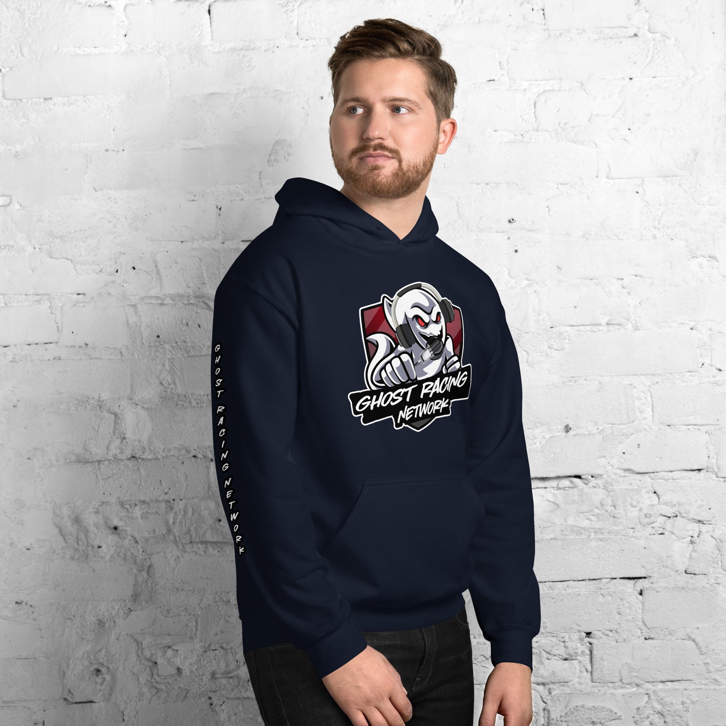Ghost Racing Network Unisex Heavy Blend Hoodie | Gildan 18500 Sleeved White Lettering