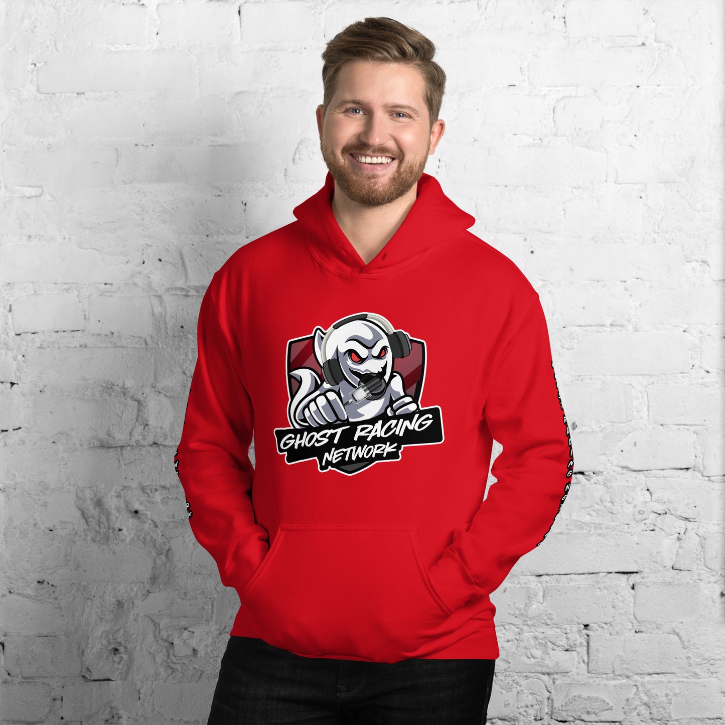 Ghost Racing Network Unisex Heavy Blend Hoodie | Gildan 18500 Sleeved White Lettering