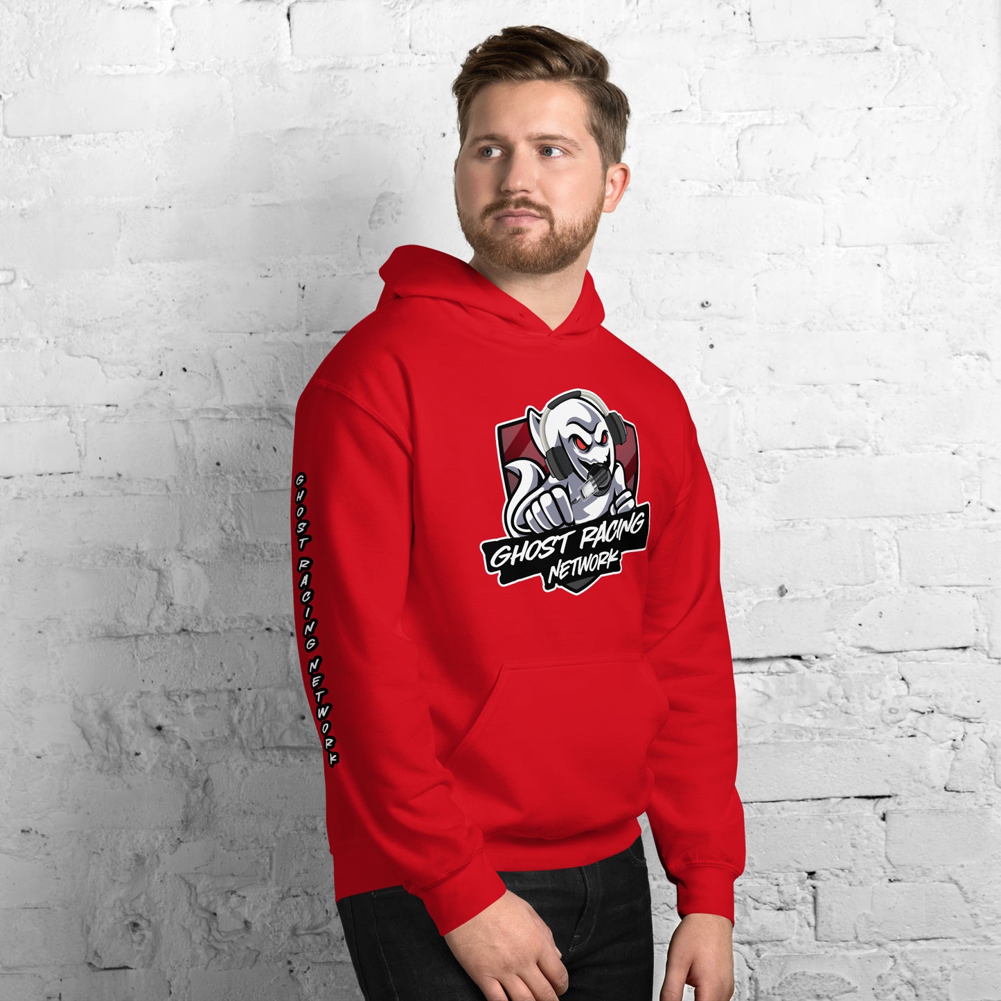 Ghost Racing Network Unisex Heavy Blend Hoodie | Gildan 18500 Sleeved White Lettering