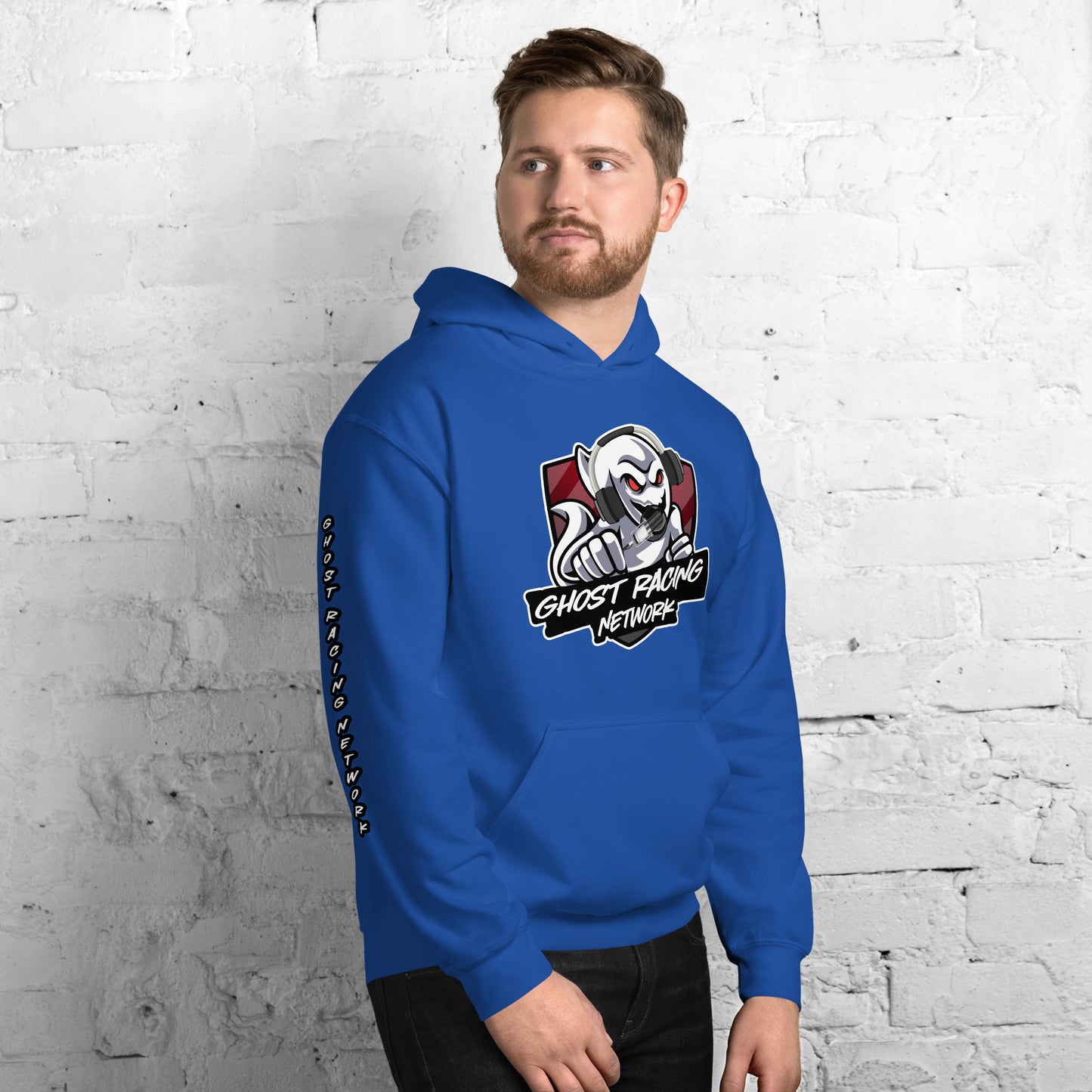 Ghost Racing Network Unisex Heavy Blend Hoodie | Gildan 18500 Sleeved White Lettering