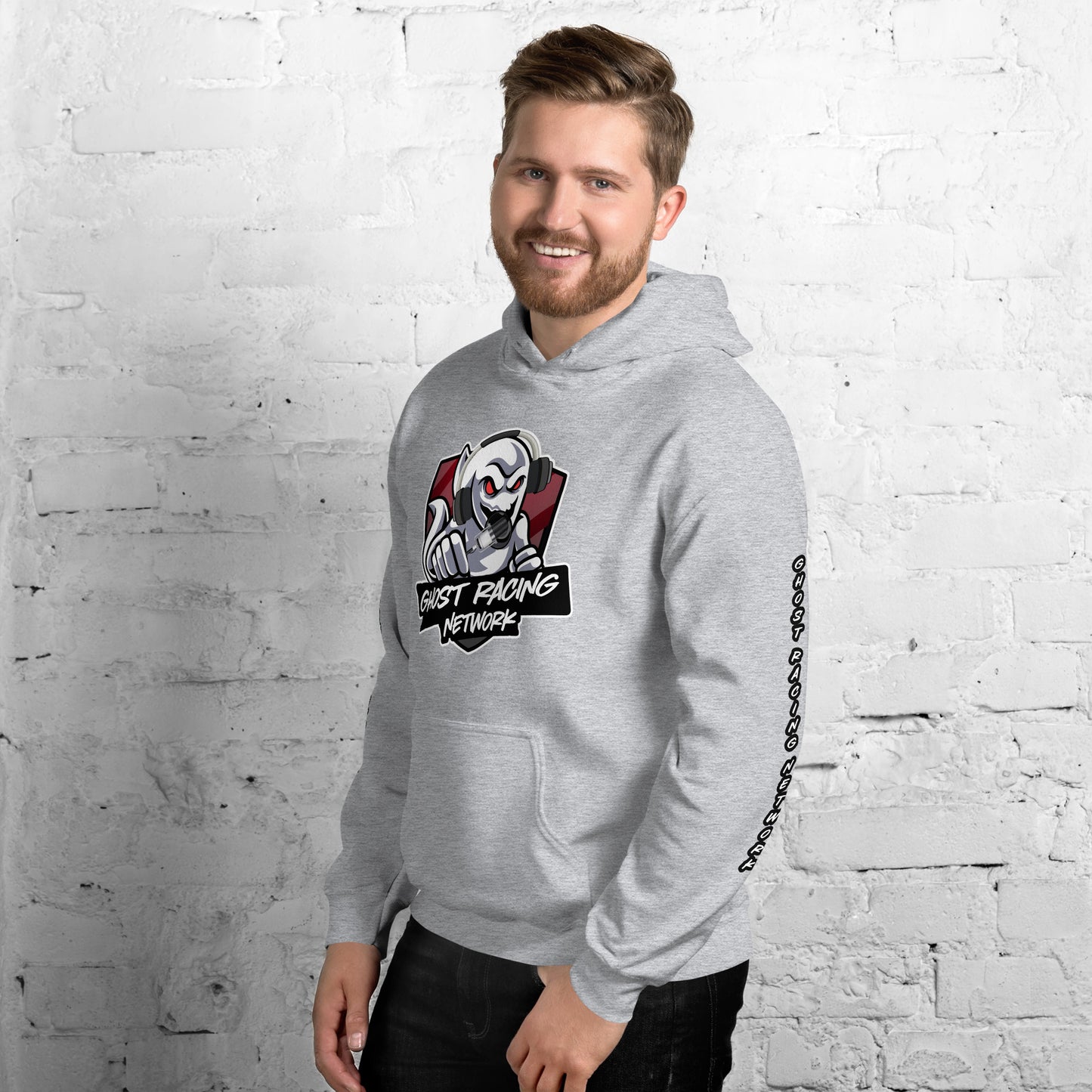Ghost Racing Network Unisex Heavy Blend Hoodie | Gildan 18500 Sleeved White Lettering