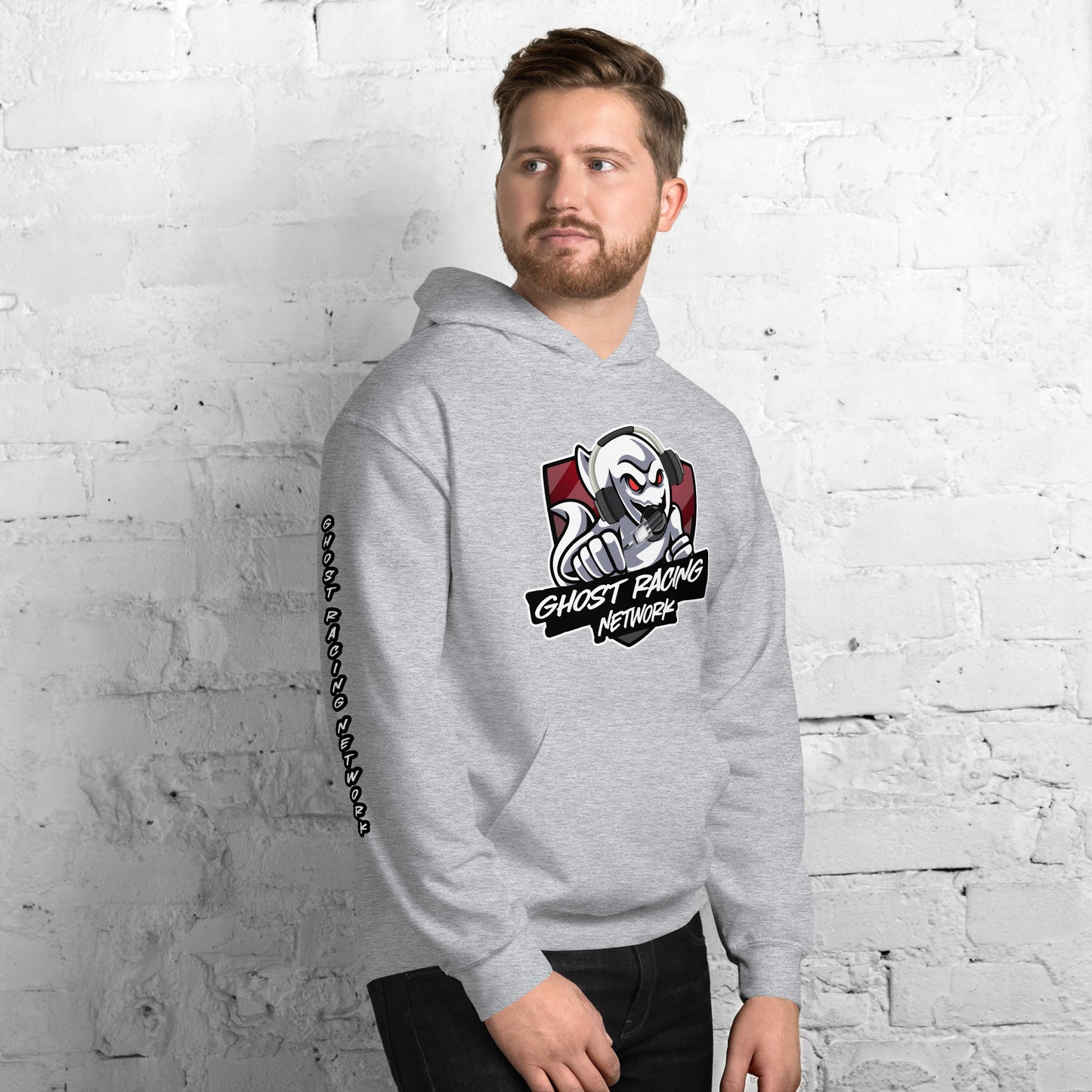 Ghost Racing Network Unisex Heavy Blend Hoodie | Gildan 18500 Sleeved White Lettering