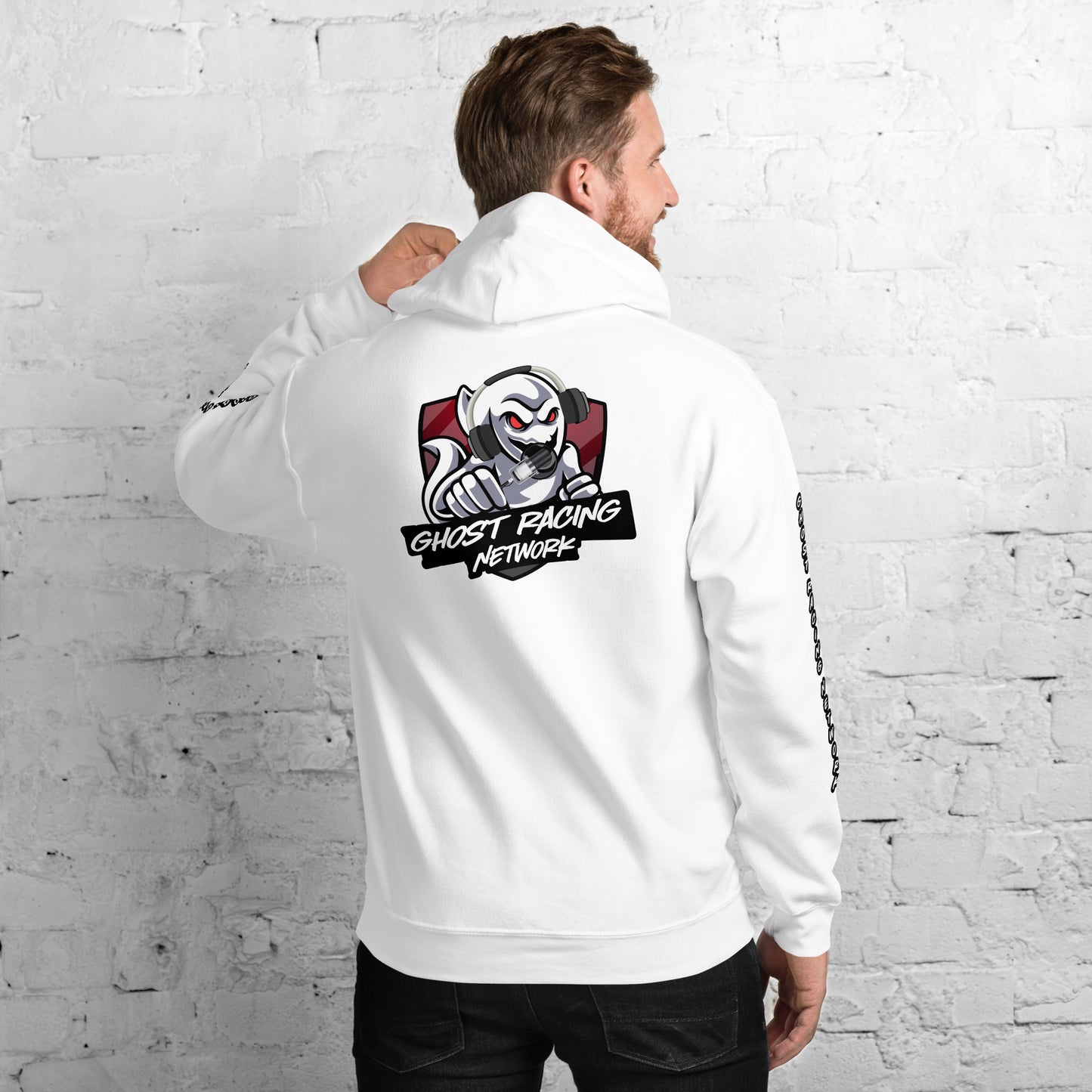 Ghost Racing Network Unisex Heavy Blend Hoodie | Gildan 18500 Sleeved White Lettering