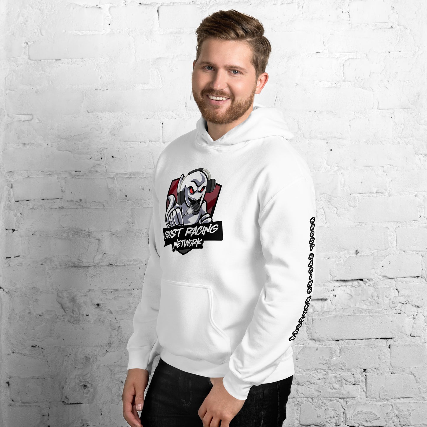 Ghost Racing Network Unisex Heavy Blend Hoodie | Gildan 18500 Sleeved White Lettering