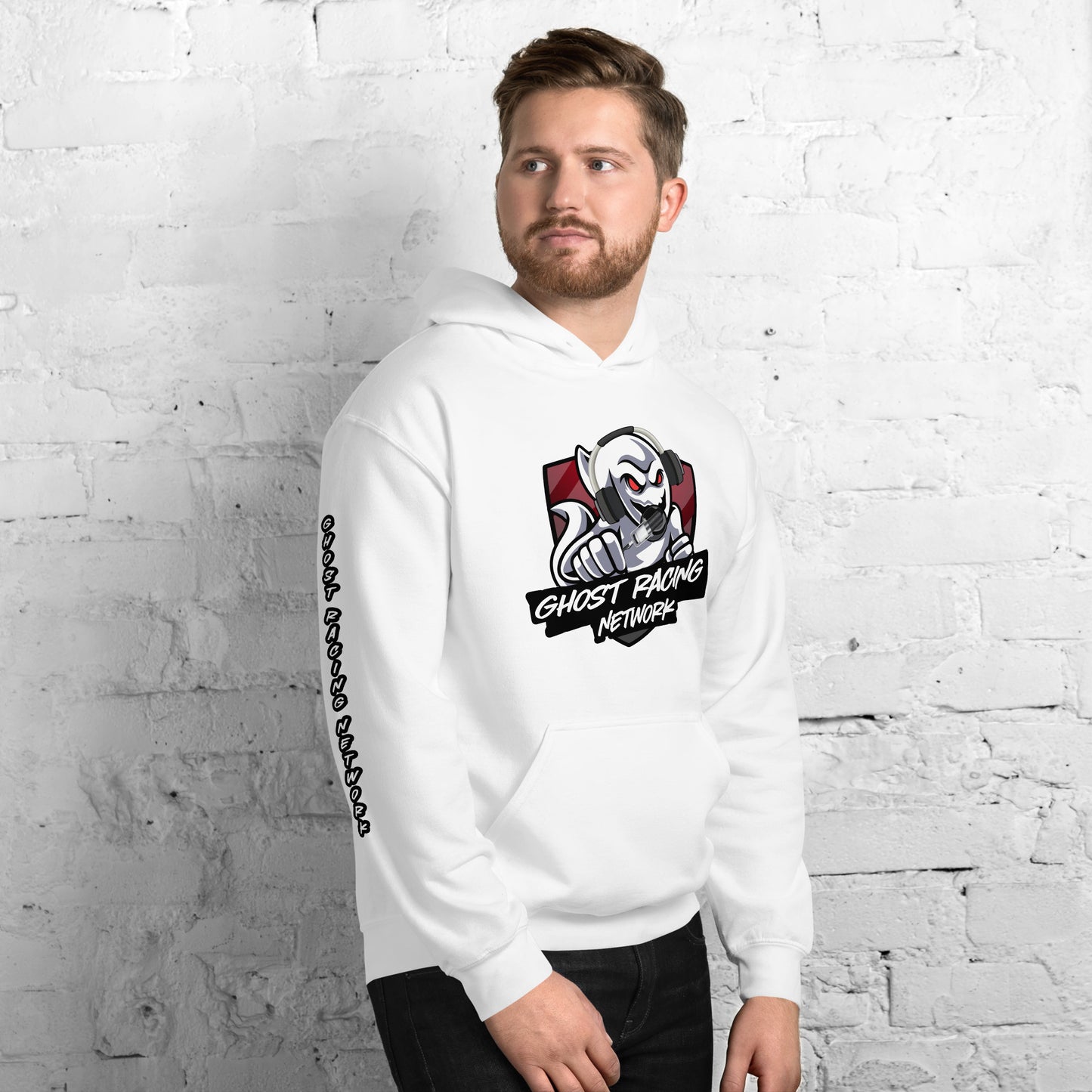 Ghost Racing Network Unisex Heavy Blend Hoodie | Gildan 18500 Sleeved White Lettering